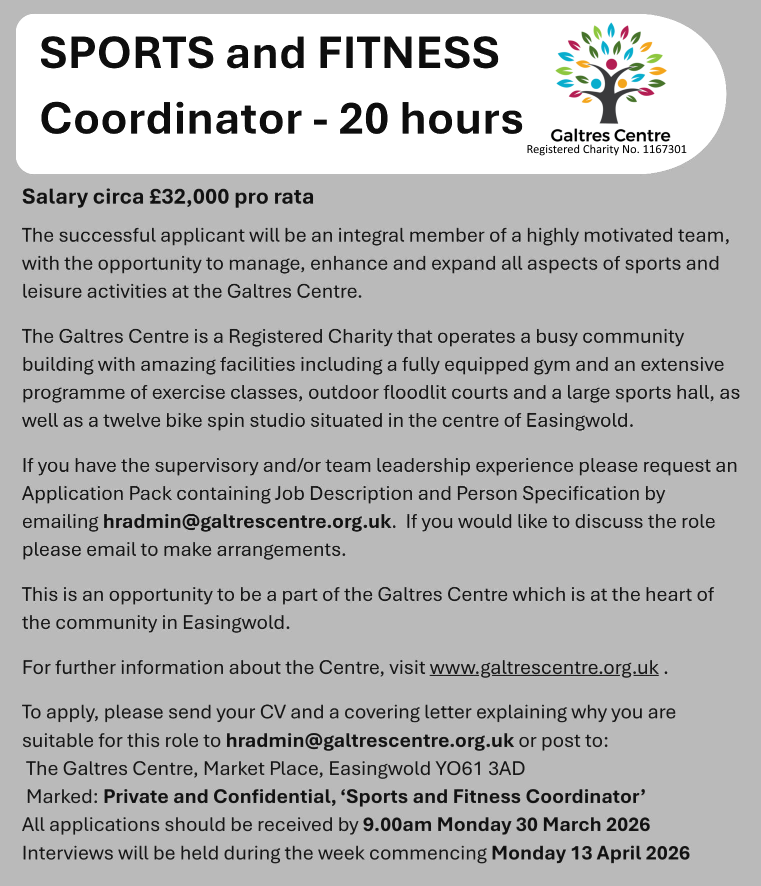Sports and Fitness Co-Ordinator Job Advert